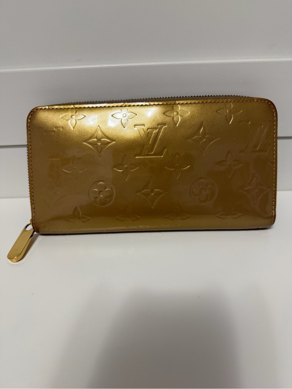 Louis Vuitton Vernis Monogram Enamel Gold Patent Leather zippy long wallet